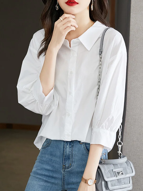 Simple Casual Loose Puff Sleeves White Blouse