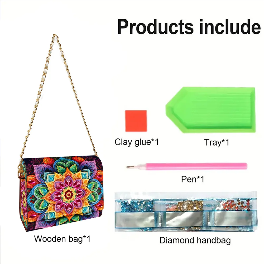 DIY Mandala Diamond Art Wooden Coin Pouch with Chain 5D Diamond Painting Purse