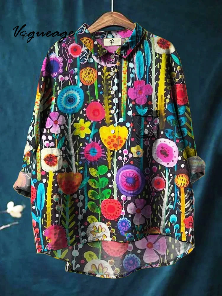 Gentle Charming Colorful Plant Flowers Printed Cotton And Linen Shirt
