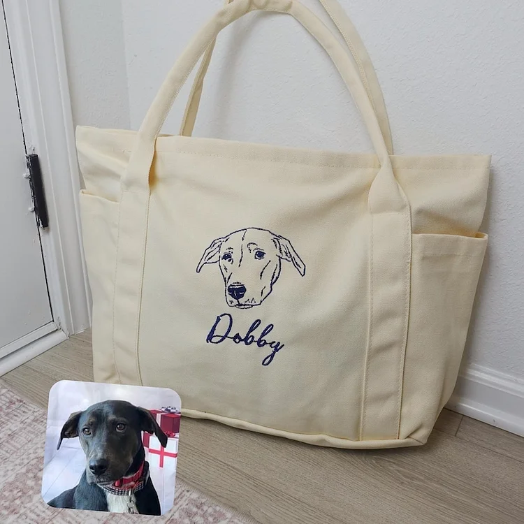 Custom Dog Portrait From Photo Large Tote Bag, Personalized Cat Canvas Tote Bag