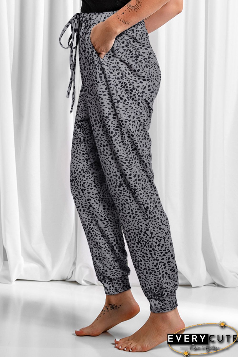 Gray Animal Spots Drawstring Lounge Jogger Pants