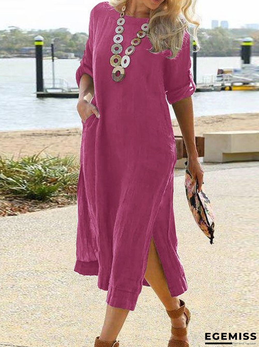 Cotton Casual Retro Long Shirt Dress Long Sleeve Hem Slit Skirt | EGEMISS