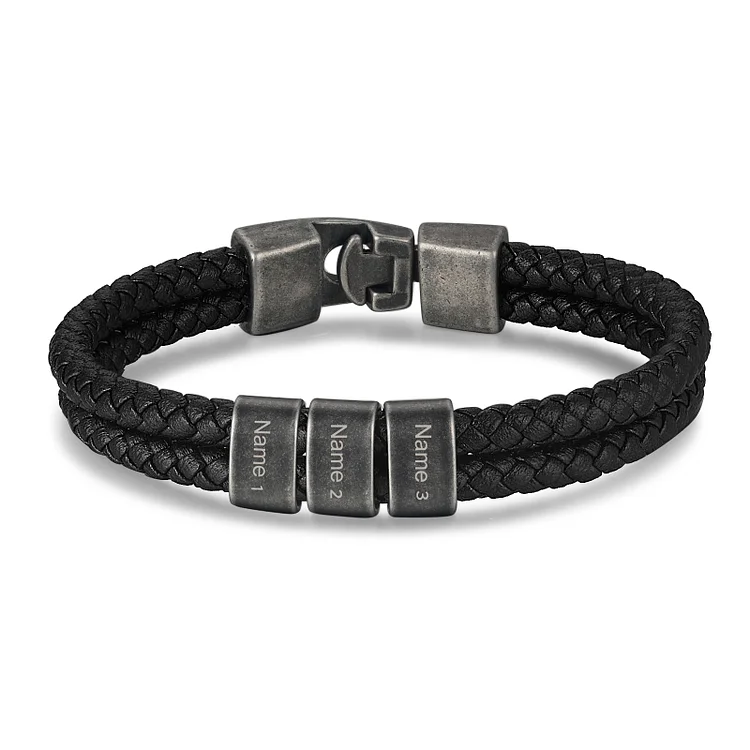 Personalised Men Leather Bracelet with 3 Names Beaded Wrap Bracelet