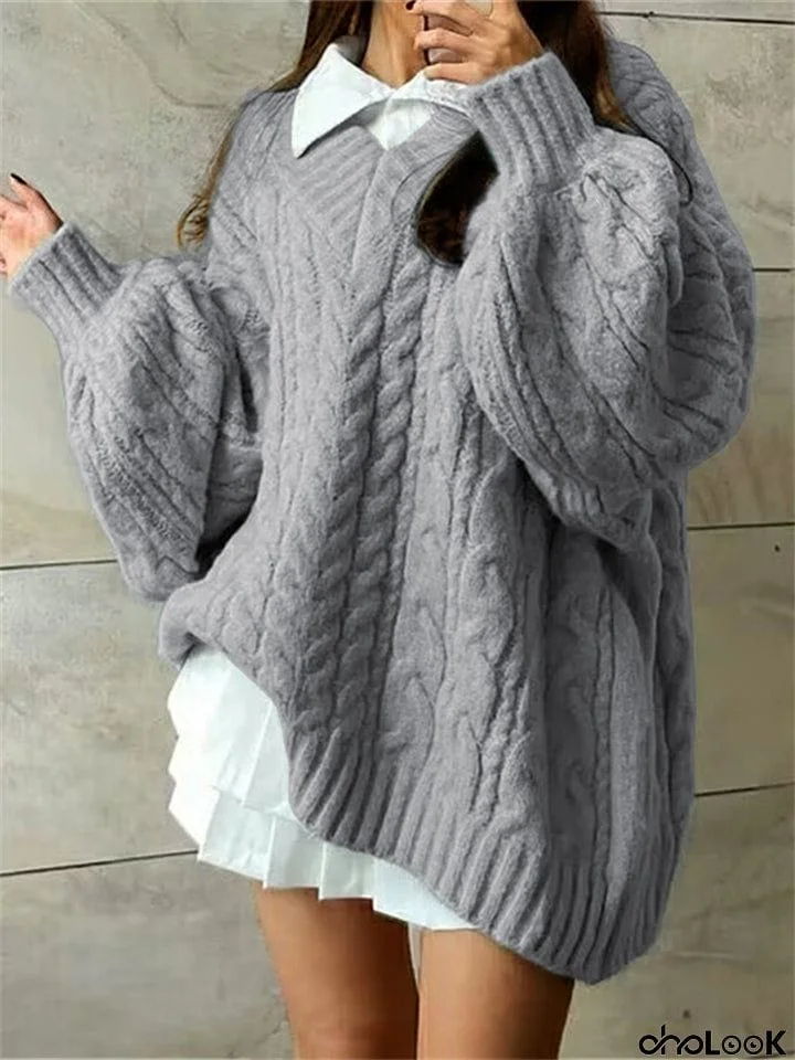 Ladies V Neck Lantern Sleeve Mid-Length Cable Knit Sweater
