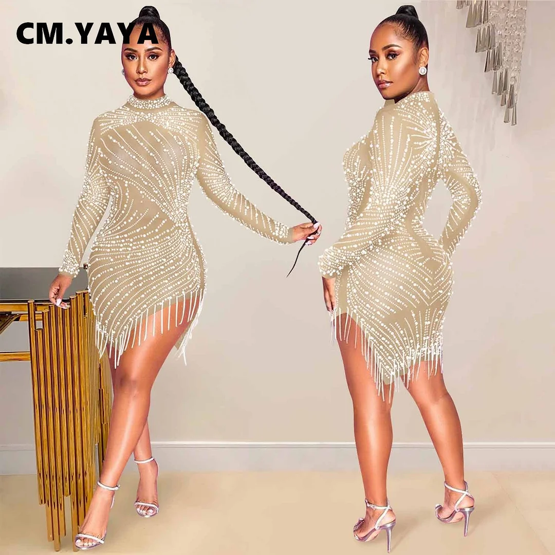 CM.YAYA 2021 Summer See-through Mesh Diamonds Dress Women Sexy Slim Elastic Mini Dresses Tassel Lady Club Party Night Outfit