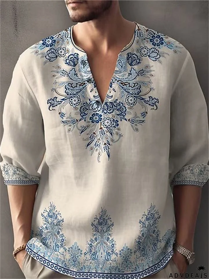 Men's Vintage Flower Print V Neck Oversize Long Sleeve Shirt