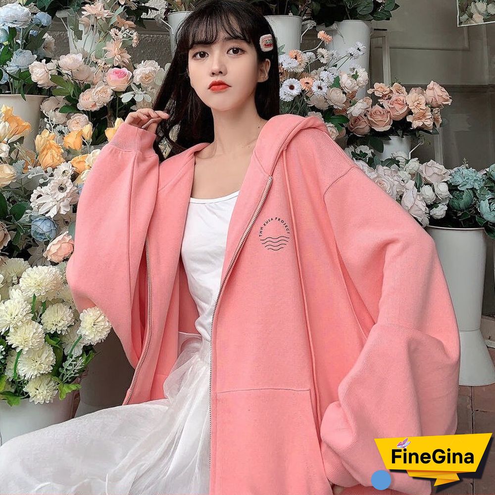 Retro Zip Up Hooded Sweatshirts Womens Fashion Spring Autumn Clothes Loose Hoodies Korean Long Sleeve Casual Oversized Pullover