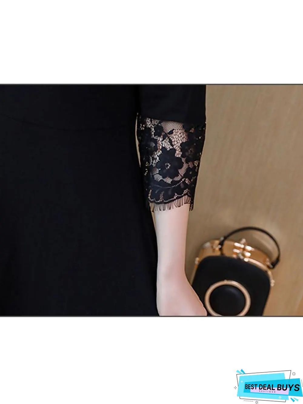 Womens A-Line Dress Maxi Long Sleeve Black Solid Colored Lace Trims Spring Fall Neck Plus