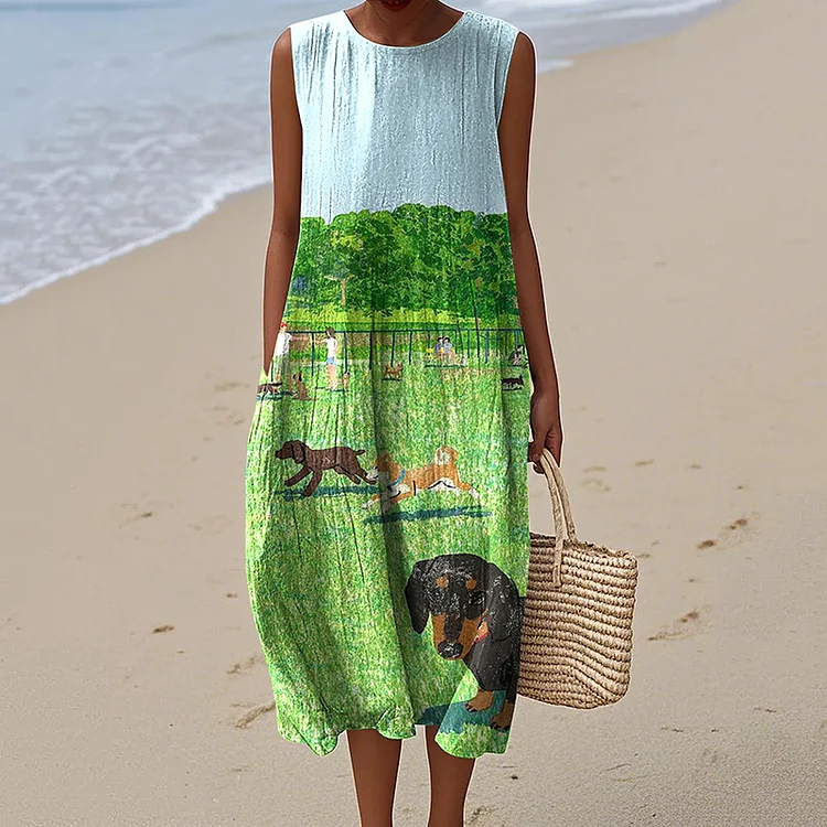 Women's Retro Cute Dogs Art Print Cotton Linen Sleeveless Dress