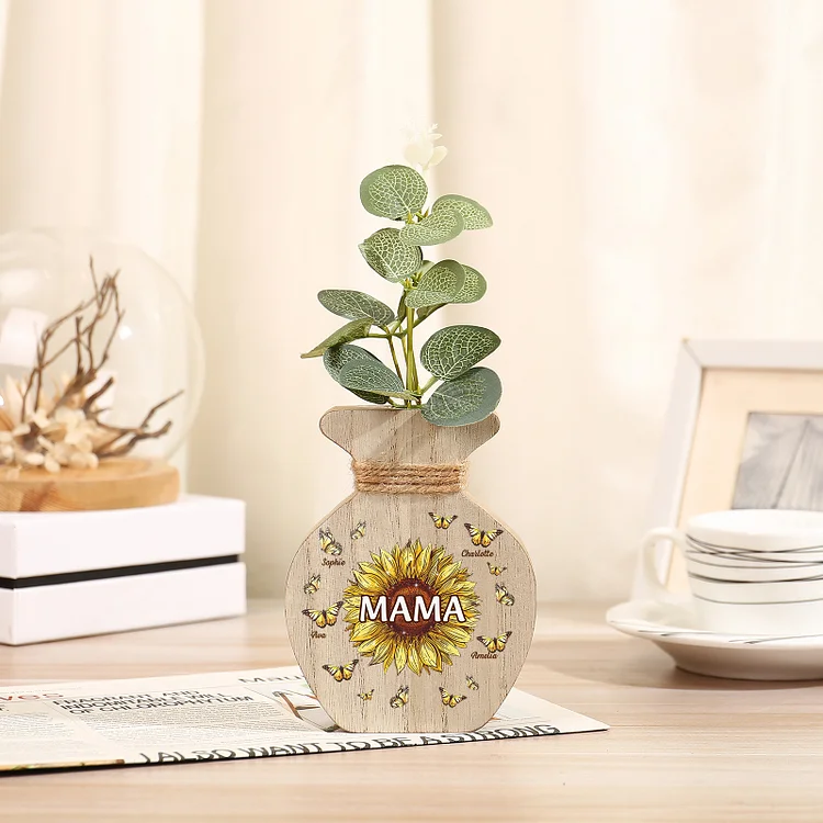 Kettenmachen Holz Personalisierte 4 Namen & Text Sonnenblume Vase