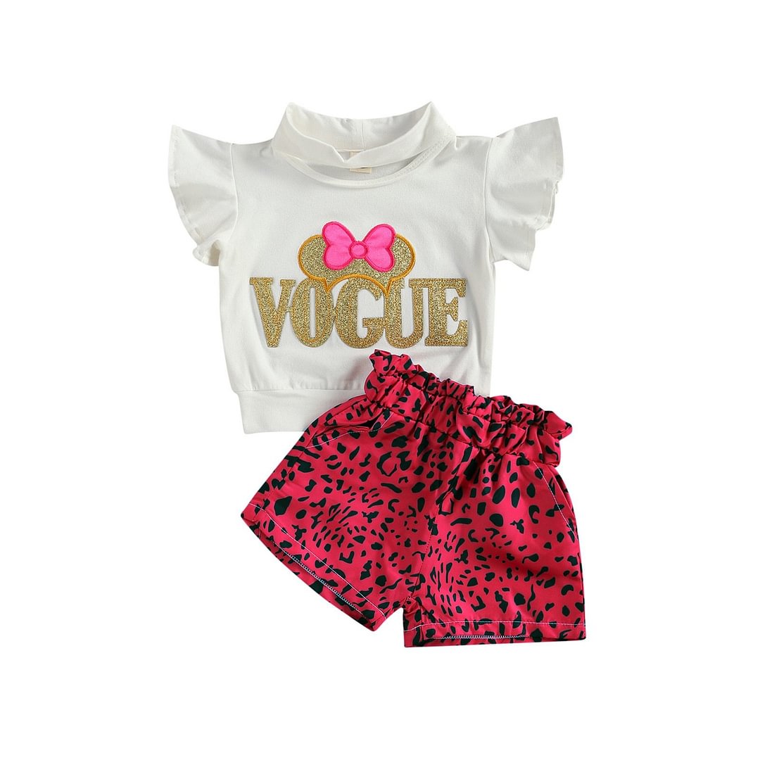 1-6T 2Pcs Infant Girls Outfit, Summer Fashionable Letter Embroidery Fly Sleeve Short Split Neck Shirt Top + Leopard Print Shorts