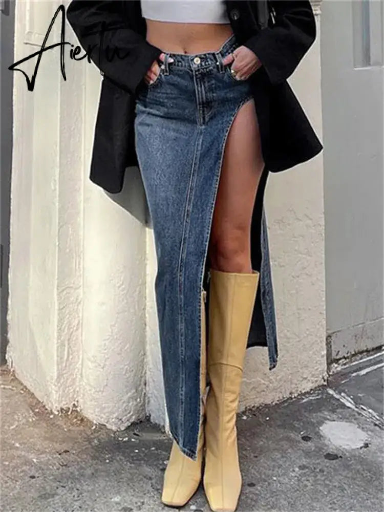 Low Waist Sexy High Split Denim Skirts Women Midi Slim Micro Long Skirt y2k Retro Blue 2023 Summer Presale Streetwear Aiertu