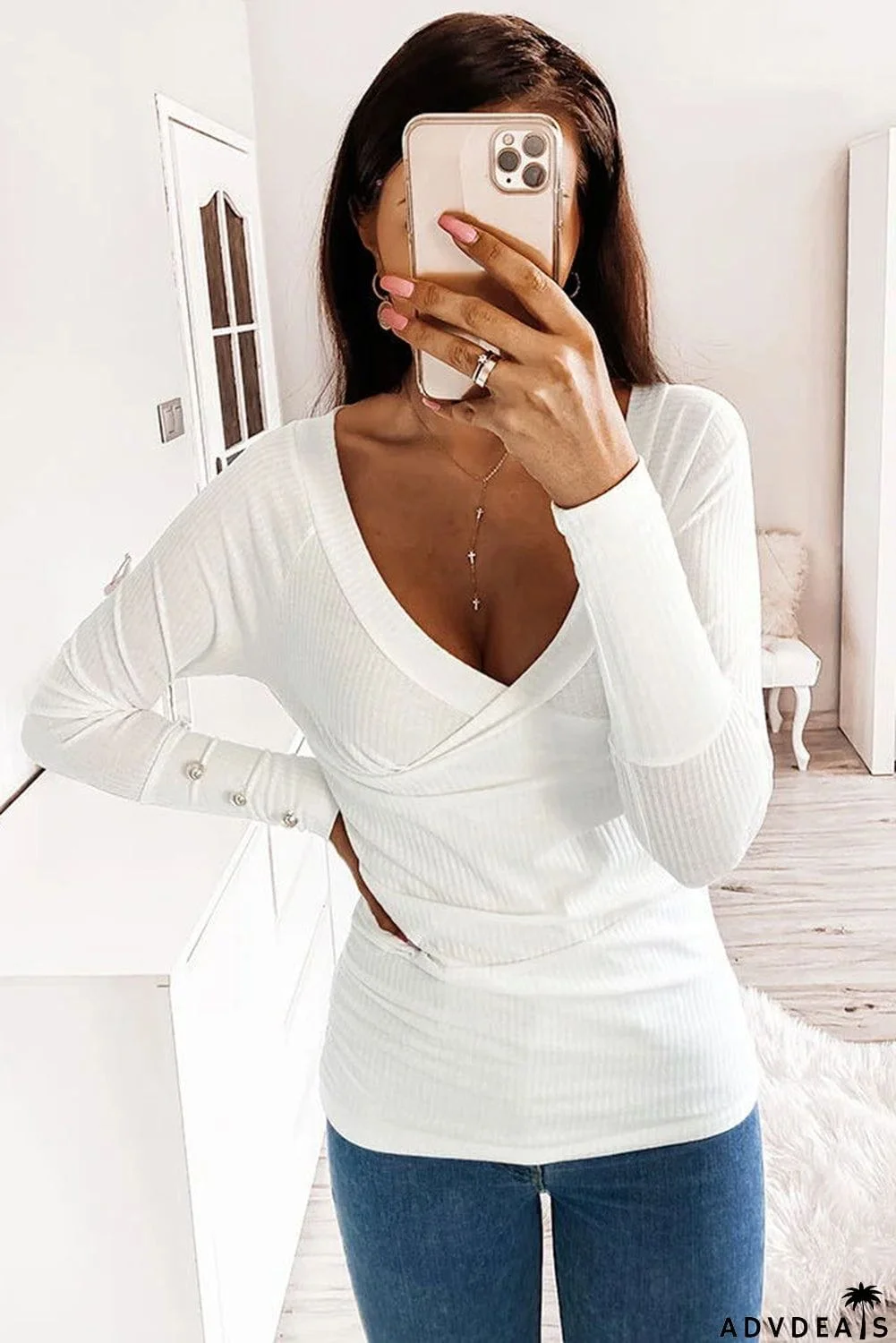 V Neck Ribbed Textured Pleated Top with Buttoned Long Sleeves