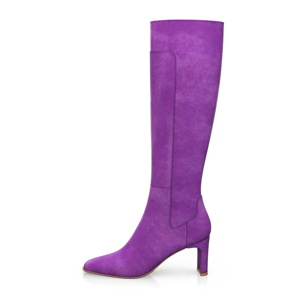 Purple Faux Suede Pointed Toe Over The Knee Side-Zip Boots With Chunky Heels Nicepairs