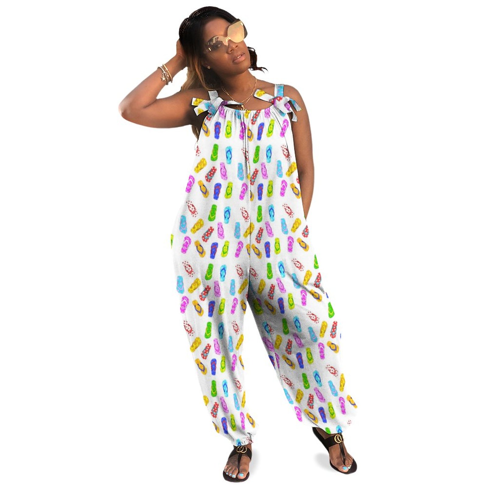 Flip Flop Pattern White Plus Size Women Rompers Summer Casual Loose Best Overalls For Women Jumpsuit Boho Style Pockets