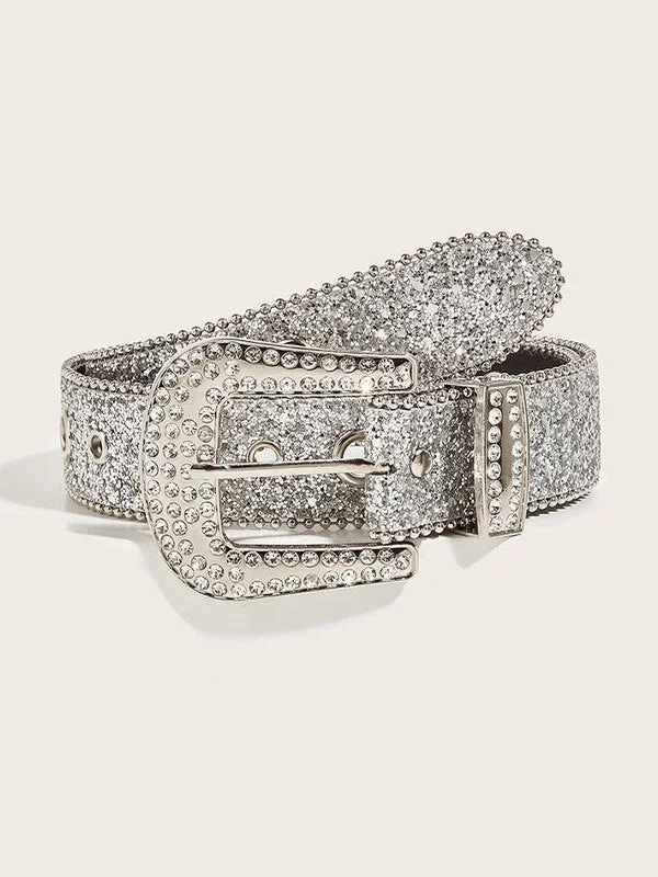 Brownm targeted sequin buckle belt with rhinestones