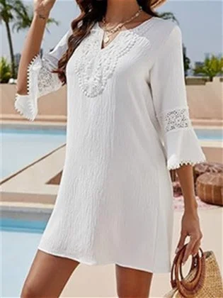 Women's 3/4 Sleeve V-neck Lace Stitching Midi Dress
