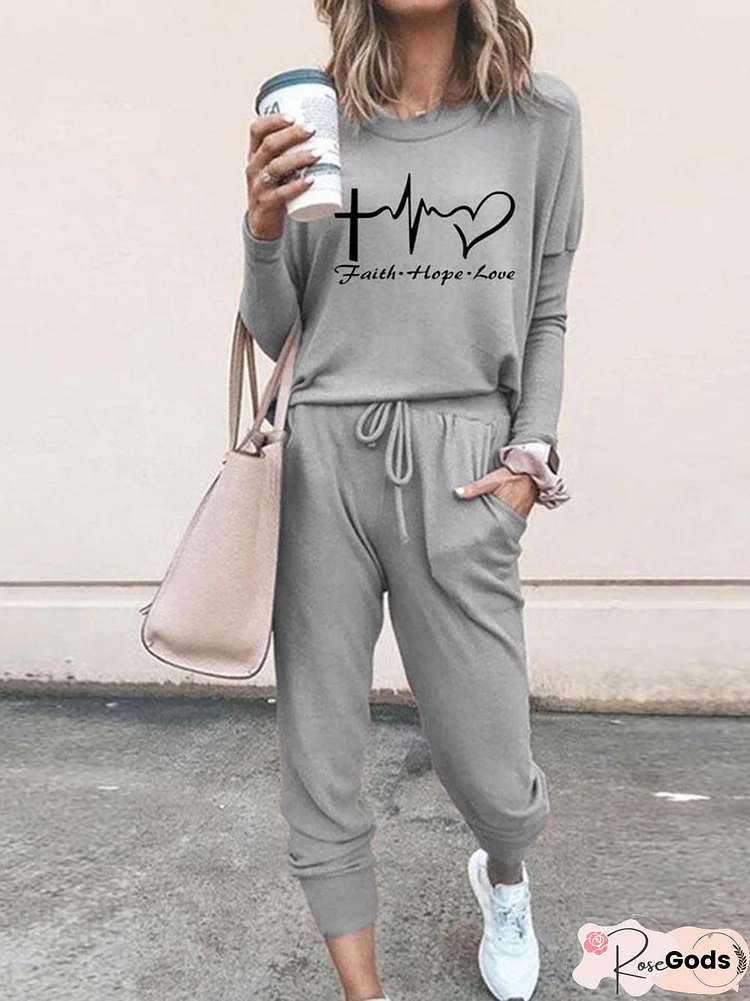 Simple Text Letters Autumn High Elasticity Loose Long Sleeve Top With Pants H-Line Regular Two Piece Sets For Women