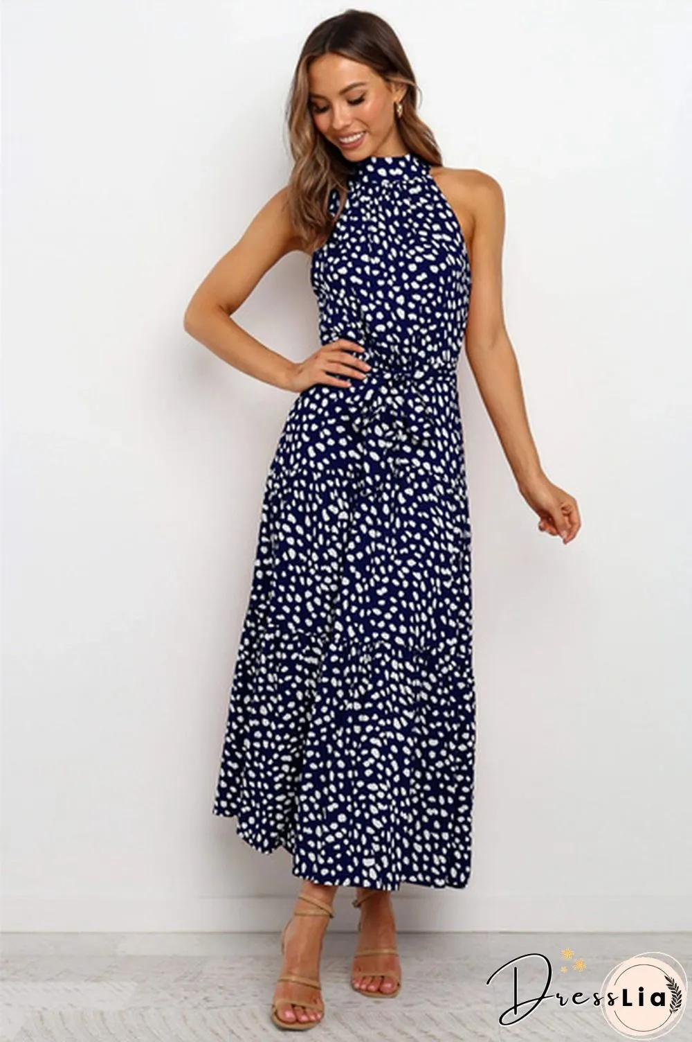 Plus Size Elegant Ladies Dress-Sleeveless-Collect Waist-Polka Dot-Long Boho Casual