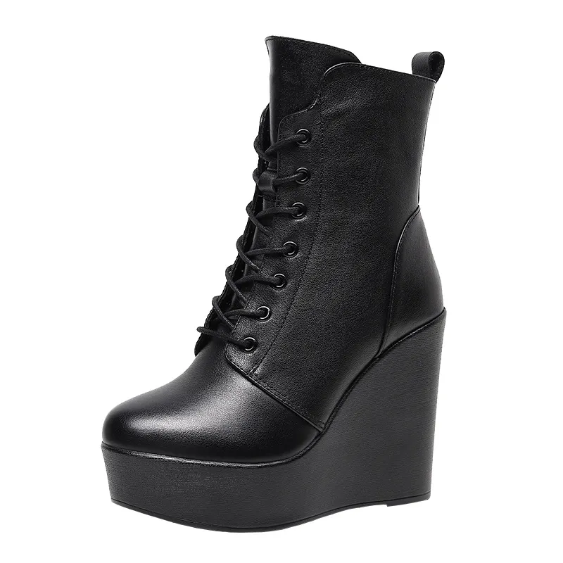 Breakj Breakj Head 12Cm High Slope And Waterproof Table Mid-Sleevel Boots With Side Zipper Women's Boots Pine Cake Plus Velvet Winter Warm Leather Boots