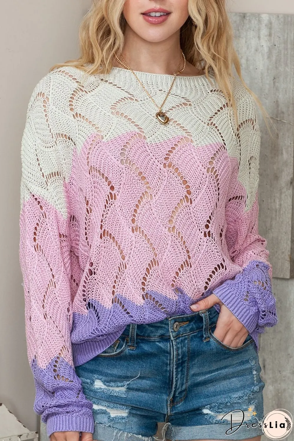 Color Block Hollow Boat Neck Sweater