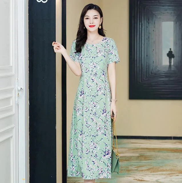 Women Summer Dress Plus Size 5XL Loose Middle-aged Mother Casual Short Sleeve Long Dress O-Neck Floral Print Cotton Dresses