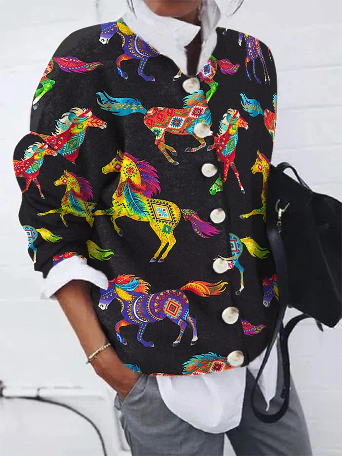 Women's Retro Western Print Plush Cardigan