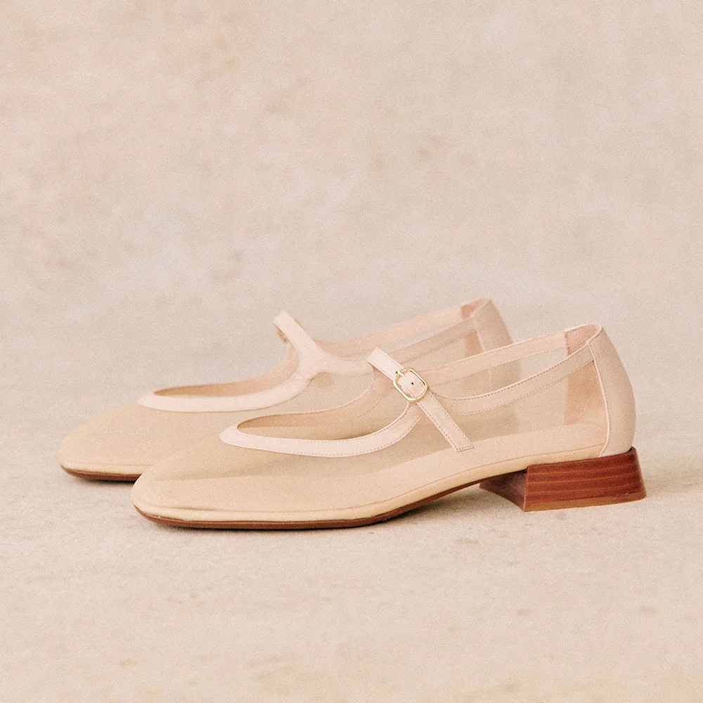 YDN Beige Closed Square Toe Single Buckle Strap Mary Jane Shoes