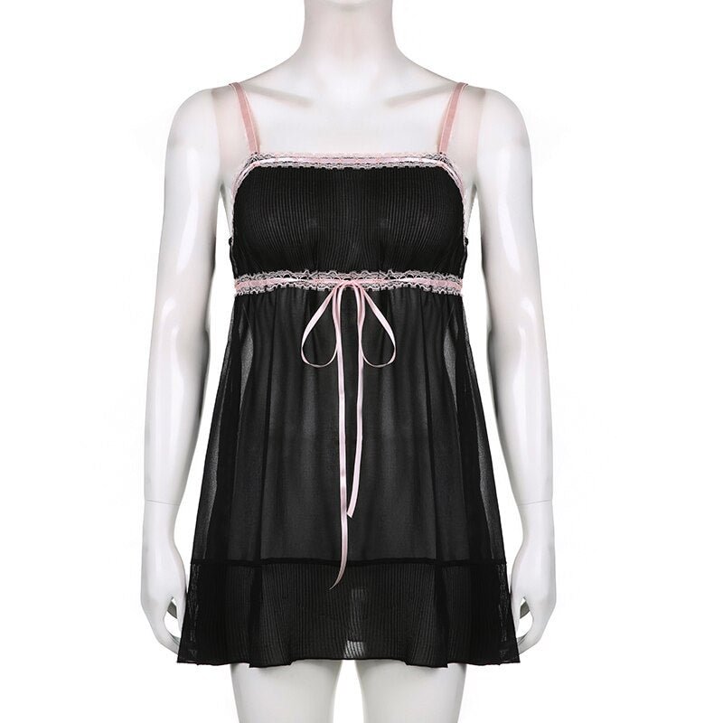 Sweetown See Through Sexy Mesh Slip Dress Black Contrast Lace Aesthetic Y2K Short Dresses Women Sleeveless Fairycore Outfits