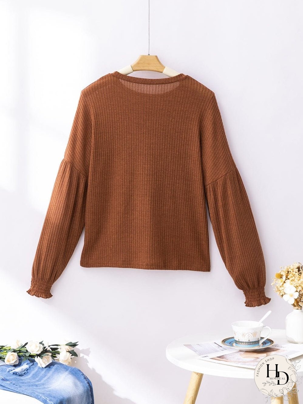 Chestnut Textured Knit Drop Shoulder Ruffled Sleeve Top