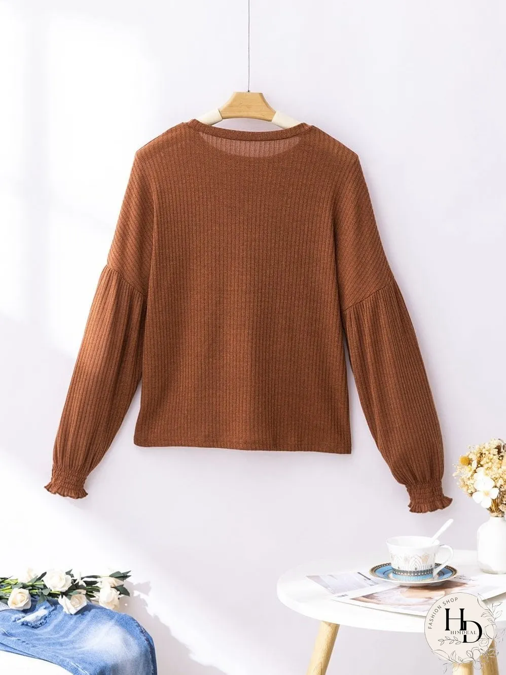 Chestnut Textured Knit Drop Shoulder Ruffled Sleeve Top