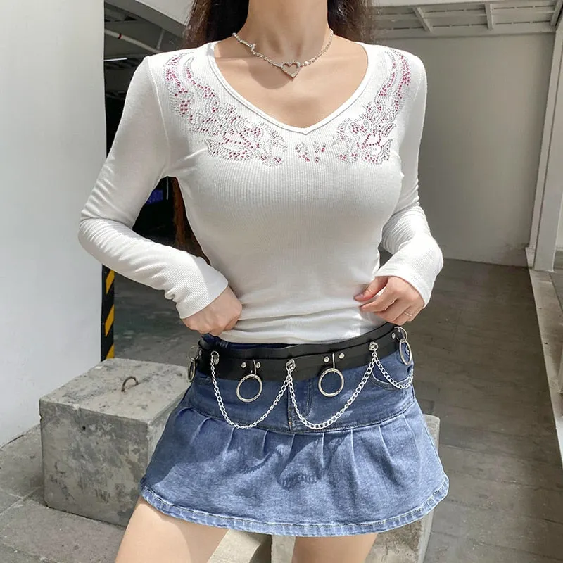 HEYounGIRL Autumn V Neck Basic Black Long Sleeve T Shirt Casual Autumn Rhinestone Print Crop Top Tshirt Woman Fashion Goth