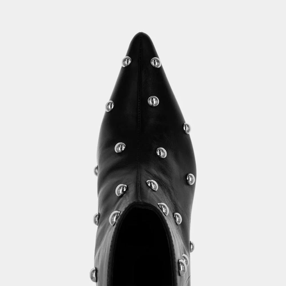 Women's Short Black Pointed Toe Studded Slip On Kitten Heel Boots
