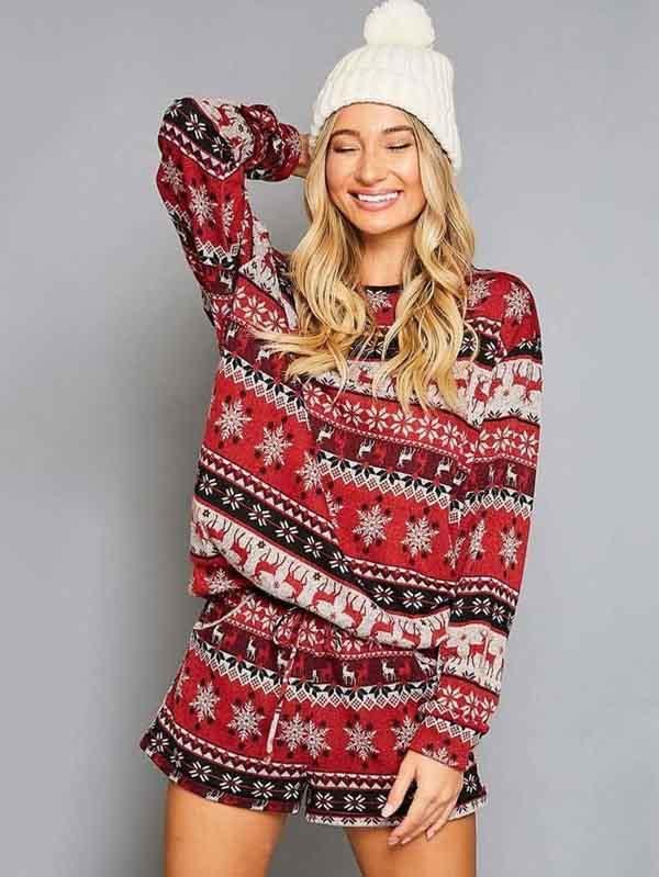 Christmas Short Pajamas Set Snowflake Loungewear for Women-elleschic