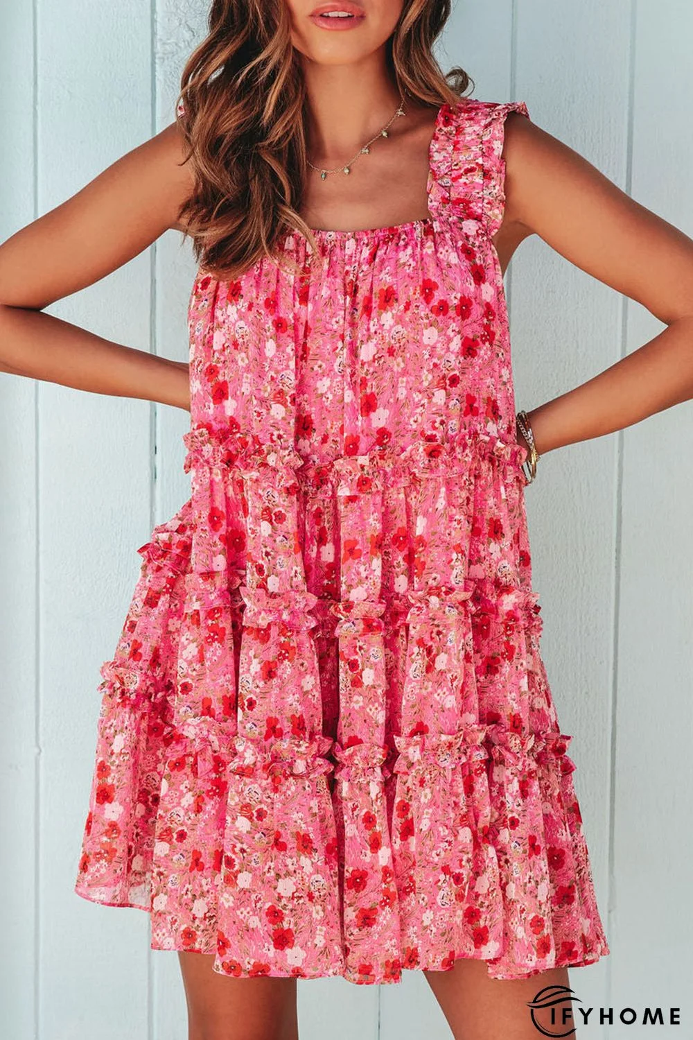 Red Tiered Ruffled Square Neck Sleeveless Floral Mini Dress | IFYHOME