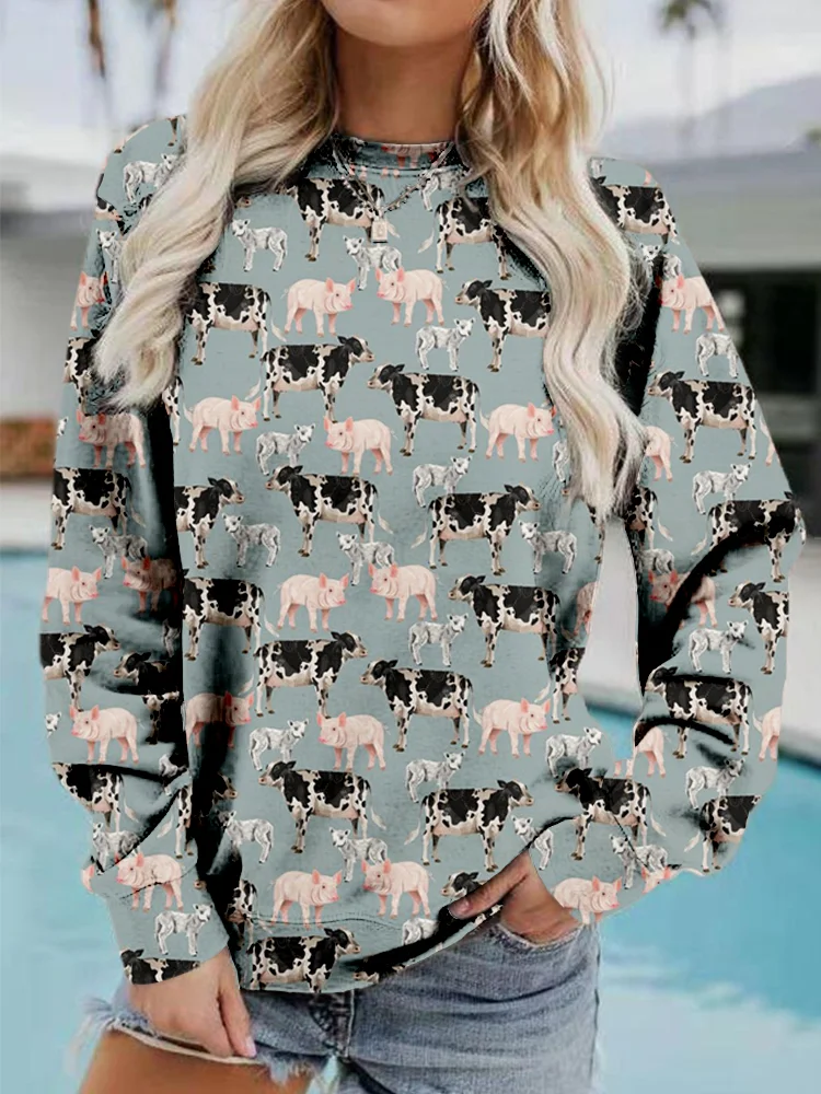 VChics Farm Pals - Cow Pig Lamb Graphic Vintage Sweatshirt