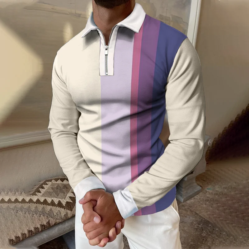 Striped Contrast Long-sleeved Polo Shirt、、URBENIE