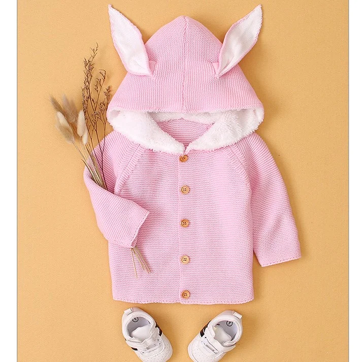 Baby Bunny Ears Solid Knitted Cardigan Long Sleeve Hooded Jacket Outwear Kids Sweaters Tops