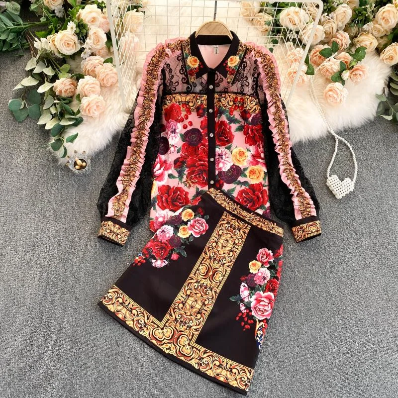 2021 Autumn New Skirt Suit Two-piece Palace Style Retro Printed Shirt Female High Waist Skirt UK501