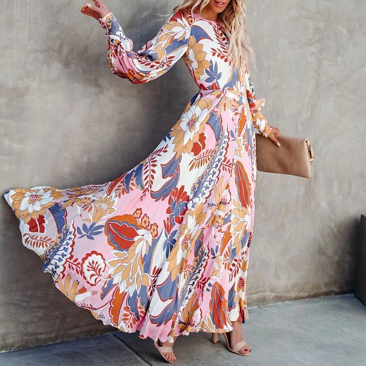 Boat Neck Puff Sleeve Blossom Printed  Dress