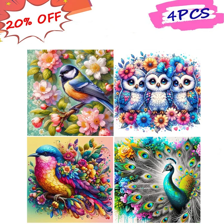 4pcs Flower And Colorful Bird Owl Peacock 30*30CM (Canvas) Full Round Drill Diamond Painting gbfke