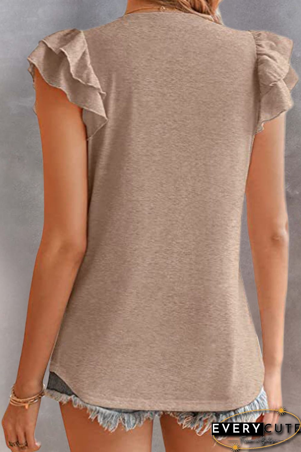 Khaki Solid Color V Neck Flutter Sleeve T-Shirt
