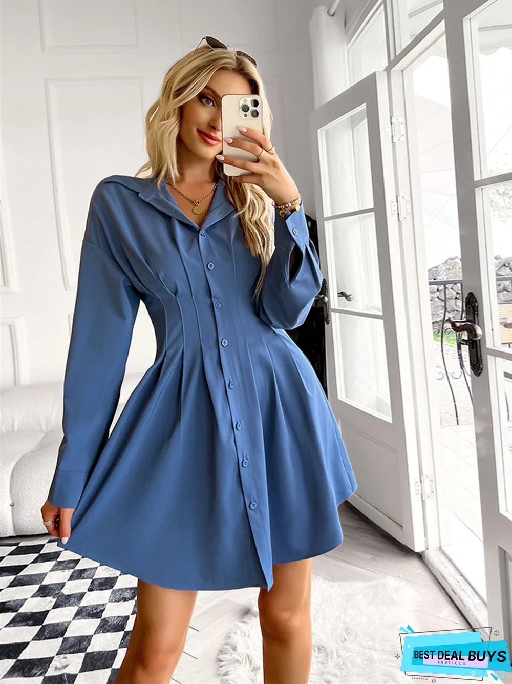 Solid Color Waist Closing Slim Long Sleeve Shirt Dress