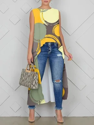 Image of High-Low Loose Printed Round-Neck Vest Top