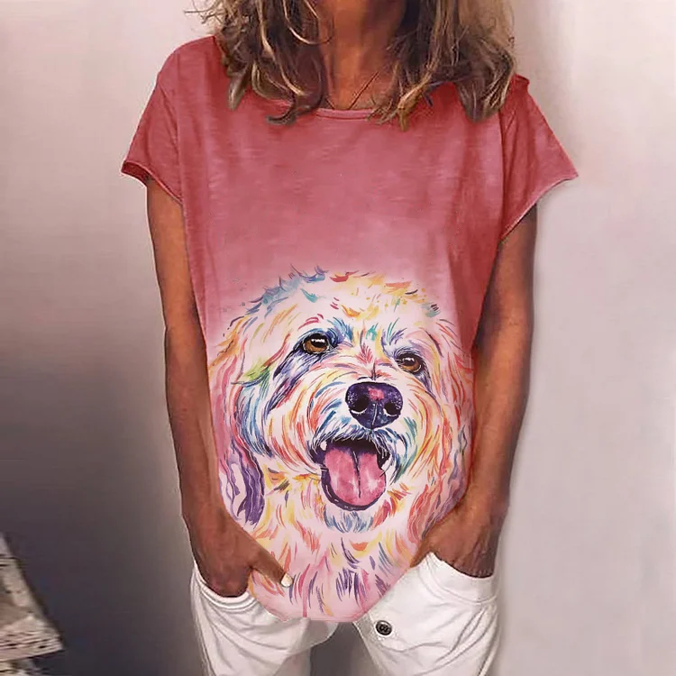 Loose Crew Neck Short Sleeve Cute Dog Print T-Shirt