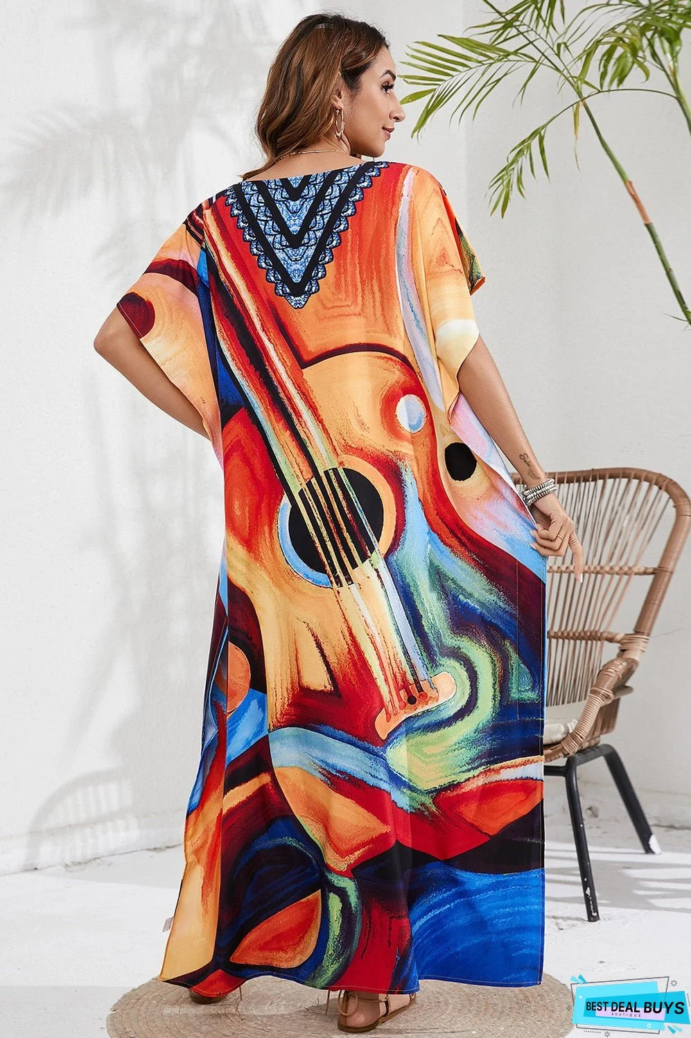 Slit Printed V-Neck Short Sleeve Cover Up