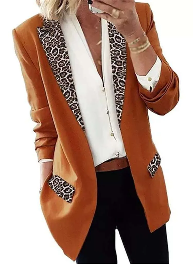 Leopard Print Stitching Long-Sleeved Casual Blazer
