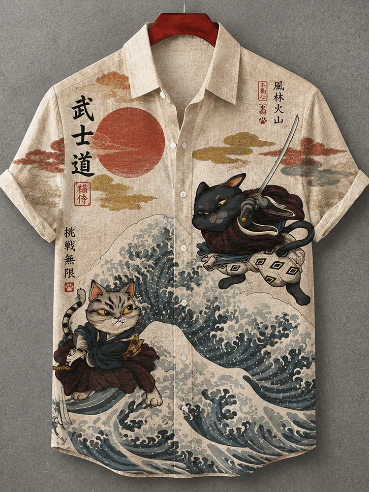 Vintage Japanese Samurai Cat Ukiyo-e Print Button Shirt  artssus