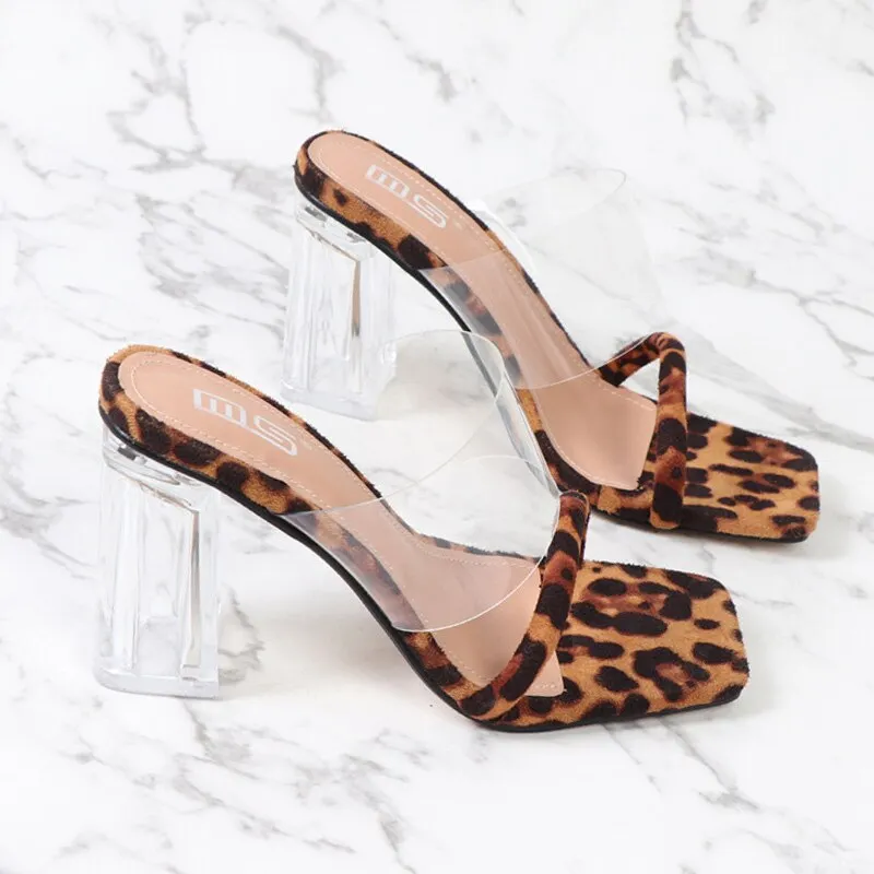 Big size Transparent PVC Sandals women Open Toe High Heels High heels Ladies sexy Black Leopard Clear Sandals Women Pumps 2021