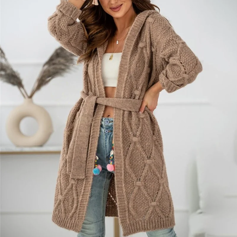 Solid Color Casual Hooded Knitting Long Sweater Jacket